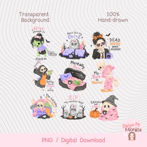 May include: A collection of nine digital illustrations featuring cartoon skeletons and ghosts with humorous text. Designs include a zombie at a laptop, a broken keyboard tombstone, a skeleton with coffee, a baking skeleton, a coffin bed, a skeleton in pajamas, a laundry skeleton, a vacation tombstone, and a ghost with a pumpkin.