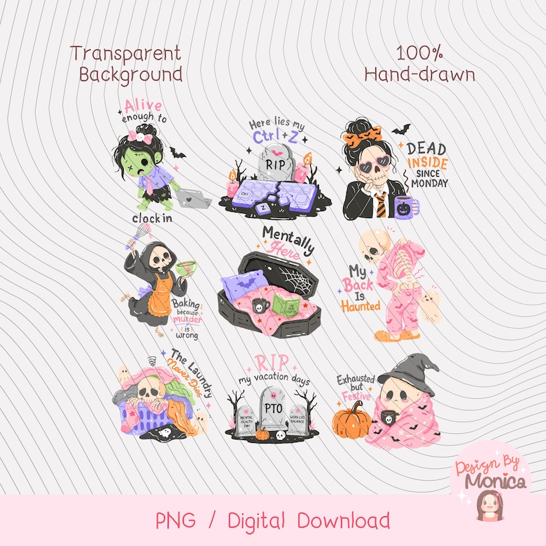 May include: A collection of nine digital illustrations featuring cartoon skeletons and ghosts with humorous text. Designs include a zombie at a laptop, a broken keyboard tombstone, a skeleton with coffee, a baking skeleton, a coffin bed, a skeleton in pajamas, a laundry skeleton, a vacation tombstone, and a ghost with a pumpkin.