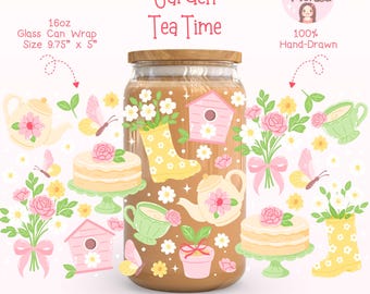 Trädgårdste-muggomslag PNG, blommig Libbey-glasburkomslag, Cottagecore Gardening Tumbler-design, blommigt eftermiddagste-iskaffeomslag