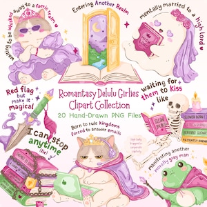 Romantasy Bookish Sticker PNG Bundle, Funny Bookish Quotes, Delulu Girl Meme Stickers, Book Lover Clipart, Sublimation Designs