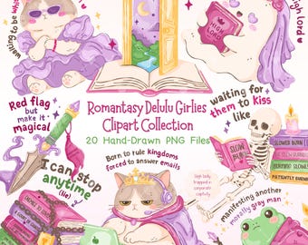 Romantasy Bookish Sticker PNG Bundle, Funny Bookish Quotes, Delulu Girl Meme Stickers, Book Lover Clipart, Sublimation Designs