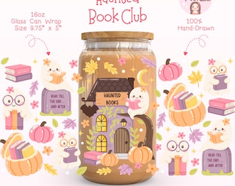 Bookish Ghost Cup Wrap PNG, Spooky Halloween Libbey Glass Can Wrap, Cozy Reading Iced Coffee Wrap, Cute Ghost Book Lover Gift
