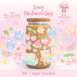 Summer Seaside Glass Can Wrap PNG, Coastal Picnic Drink Wrap, Sunny Beach Patchwork Cup Design