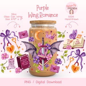 Tazza per amanti dei libri Romantasy PNG, involucro per lattina di vetro Fantasy Romance, involucro per caffè freddo Dragon Wing Bookish