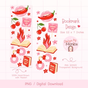 Puede incluir: Dos diseños de marcapáginas digitales con temática romántica. Cada marcapáginas presenta un labio rosa con un chile rojo, cerezas, una piruleta en forma de corazón, un libro con llamas, esposas y un libro con el texto "BUSY READING SMUT". Los marcapáginas miden 6,35 cm x 17,78 cm.
