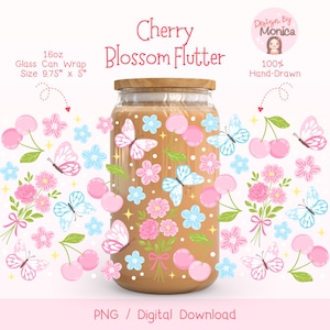 May include: A digital download of a 16oz glass can wrap featuring a cherry blossom design with butterflies. The design is pink, blue, and green with white accents. The can wrap is 9.75 inches by 5 inches.