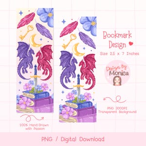 Pu&ograve; includere: Design di segnalibro digitale con due draghi, una spada ed elementi floreali. Il design include un drago viola e rosso, una chiave d'oro e una luna crescente. Il testo recita "Bookmark Design" e "Dimensioni 6,35 cm x 17,78 cm".