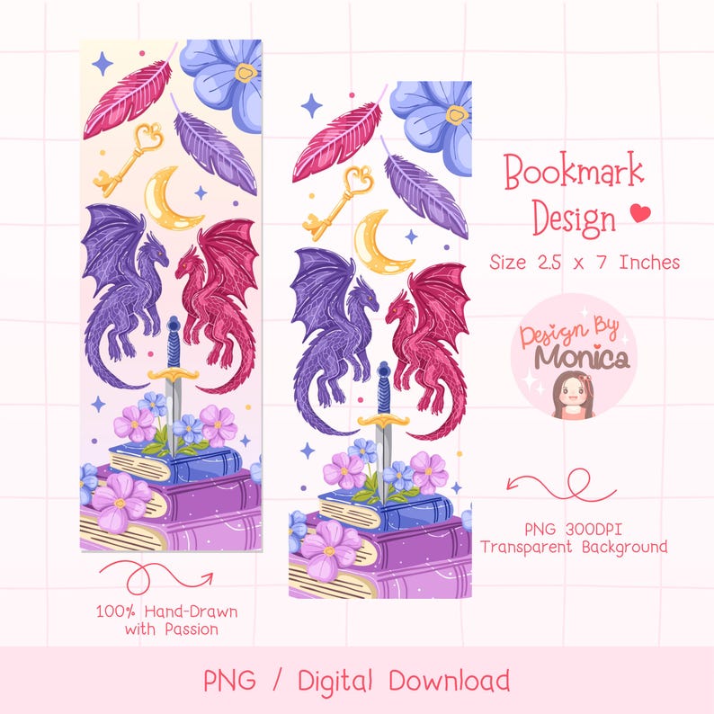 Pu&ograve; includere: Design di segnalibro digitale con due draghi, una spada ed elementi floreali. Il design include un drago viola e rosso, una chiave d'oro e una luna crescente. Il testo recita "Bookmark Design" e "Dimensioni 6,35 cm x 17,78 cm".