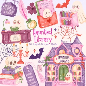 Puede incluir: Una colección de 26 ilustraciones digitales con temática de biblioteca embrujada con fantasmas, libros, un edificio, una calavera, un candelabro, telarañas y murciélagos. El texto incluye "Books Curses & More", "Library Card", "Shhh Ghosts at Work", "Haunted Library" y "A Good Book Never Ghosts You".