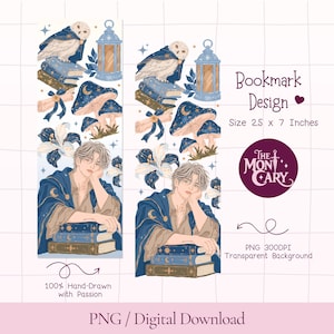 May include: A digital bookmark design measuring 2.5 x 7 inches featuring an illustration of a person resting on a stack of books, accompanied by an owl, a lantern, mushrooms, and flowers. The text reads Bookmark Design, The Mon Cary, and PNG 300DPI.