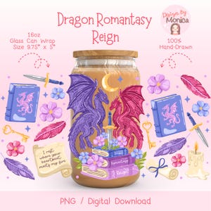 Romantasy Cup Wrap PNG, Fantasy Romance Glass Can Wrap, Dragon Bookish Iced Coffee Wrap, Book Lover Gift