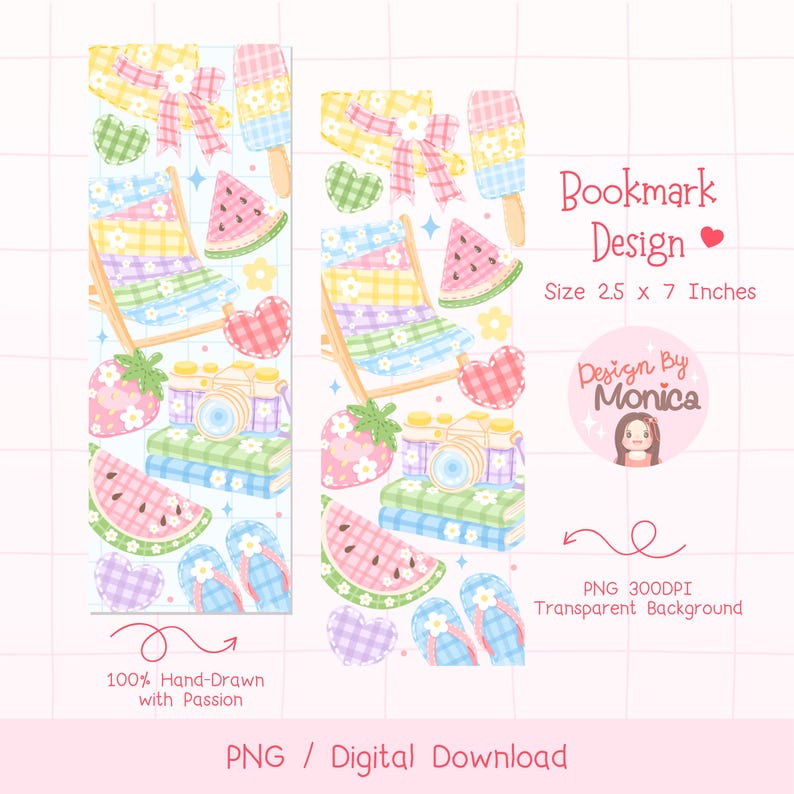 May include: A digital bookmark design with summer illustrations. The design includes a beach chair, watermelon slices, ice pops, strawberries, and a camera. The text reads "Bookmark Design" and "Size 6.35 cm x 17.78 cm".