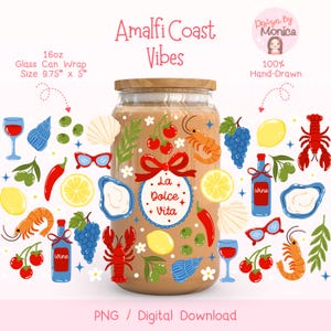 La Dolce Vita Amalfi Coast Glass Wrap PNG, Summer Libbey Glass Wrap, Lemon & Coastal Floral Aesthetic, Italian Riviera Iced Coffee Wrap