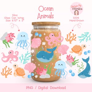 Puede incluir: Un conjunto de diseños de envolturas para latas de vidrio de 16 oz con animales marinos. Los diseños incluyen una ballena, un pulpo, una medusa, una tortuga marina, corales y conchas. Los diseños están hechos a mano y son perfectos para agregar un toque de fantasía a la decoración de tu hogar.