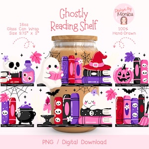 Op de afbeelding: Een digitaal ontwerp met het thema "Ghostly Reading Shelf". Het ontwerp bevat cartoongeesten, boeken, een heksenhoed, een pompoen en een schedel. De tekst luidt "16oz Glass Can Wrap Afmeting 24.77cm x 12.7cm" en "PNG / Digitale download."