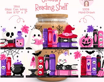 Bookish Ghost Glass Can Wrap PNG: Spooky Halloween Iced Coffee Wrap Design (Digital Download)