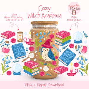 Puede incluir: Un envoltorio de lata de vidrio con un diseño caprichoso de "Cozy Witch Academia". El envoltorio mide 24,77 cm x 12,7 cm y presenta un búho, libros, flores y elementos mágicos. El diseño es 100% dibujado a mano.