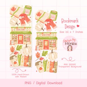 以下が含まれることがあります： 2.5 x 7インチのデジタルブックマークデザイン。開いた本、Cozy Daysと書かれた緑のキャンドル、赤いスカーフ、書店、白いカボチャ、秋の葉、カラフルな本のイラストが描かれています。
