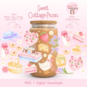 May include: A digital illustration with a pink background features a glass can wrap with a wooden lid, surrounded by picnic-themed elements. These include a heart-shaped cake, a strawberry, a duck, and a honey pot. The text reads "Sweet Cottage Picnic."