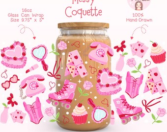 Messy Coquette Glass Can Wrap PNG, Retro Pink Tumbler Design (Digital Download)