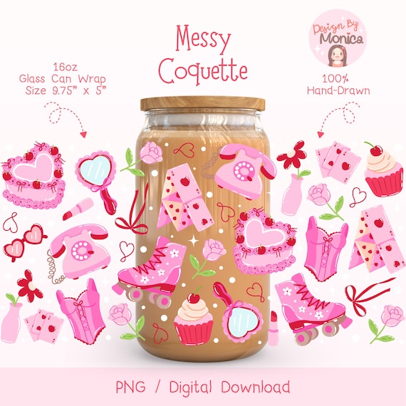 Messy Coquette Glass Can Wrap PNG, Retro Pink Tumbler Design (Digital Download)