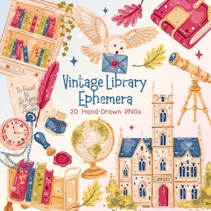 Vintage Library Ephemera Clipart Set, Fall Bookish PNG Bundle, Cozy Reading Illustrations, Owl Post, Antique Books, Book Lover Clipart