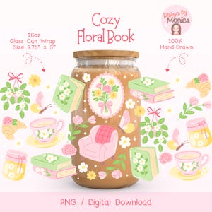 Bookish Floral Tea Cup Wrap PNG, Cozy Reading Libbey Glass Can Wrap, Pastel Book Lover Tumbler Design, Cottagecore Iced Coffee Wrap
