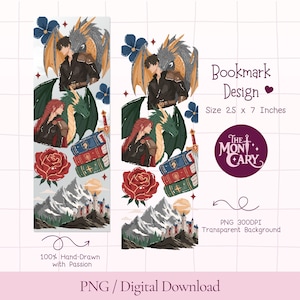 Puede incluir: Un diseño de marcapáginas digital de 6,35 x 17,78 cm que muestra dos personajes con dragones, una pila de tres libros, una rosa roja y un paisaje de castillo en la montaña. El texto dice Bookmark Design, The MonCary y PNG 300DPI.