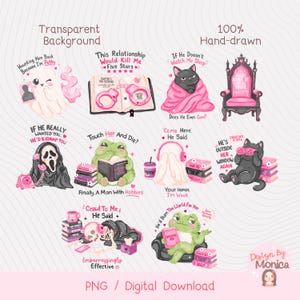 May include: A collection of ten digital illustrations featuring cartoon characters, including a ghost, frogs, cats, and a skeleton, paired with pink-themed text such as 'Haunting Him Back' and 'Touch Her And Die', presented as a digital download sheet.