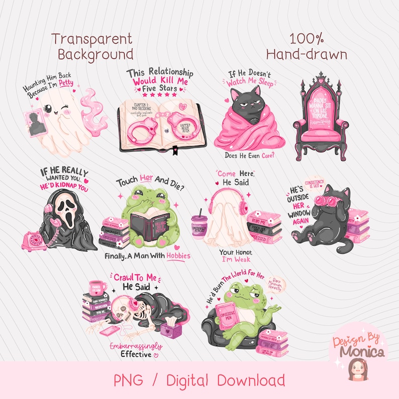 May include: A collection of ten digital illustrations featuring cartoon characters, including a ghost, frogs, cats, and a skeleton, paired with pink-themed text such as 'Haunting Him Back' and 'Touch Her And Die', presented as a digital download sheet.