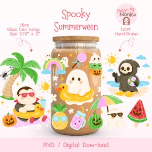 Könnte beinhalten: Eine 16oz Glas-Can-Wrap mit einem "Spooky Summerween"-Design. Der Wrap zeigt Cartoon-Illustrationen von Geistern, einem Vampir, einem Sensenmann und anderen sommerlichen Halloween-Elementen. Die Maße sind 24.77 cm x 12.7 cm.