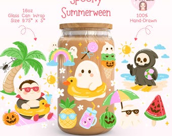 Summerween Ghost Glass Can Wrap PNG: Kawaii Halloween Iced Coffee Wrap Design (Digital Download)
