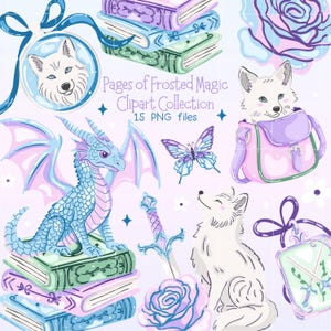 Conjunto de imágenes prediseñadas de amantes de los libros con dragones románticos, paquete PNG de zorros de fantasía pastel, arte de mariposas mágicas y paquete de pegatinas de temática literaria.