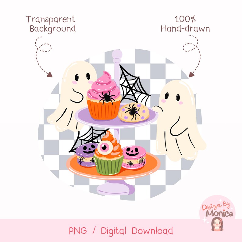 Pode incluir: Ilustra&ccedil;&atilde;o desenhada &agrave; m&atilde;o de um suporte de sobremesas de dois n&iacute;veis com guloseimas com tema de Halloween. Os doces incluem cupcakes, biscoitos e donuts decorados com aranhas, globos oculares e teias de aranha. Dois fantasmas de desenho animado ladeiam o suporte.