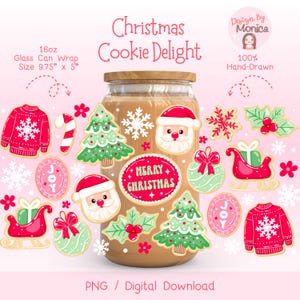 Puede incluir: Un envoltorio de lata de vidrio con tapa de madera, rodeado de diseños de galletas navideñas. Las galletas incluyen un suéter rojo, Papá Noel, árboles de Navidad, copos de nieve y un trineo. El texto dice "Christmas Cookie Delight" y "Merry Christmas."