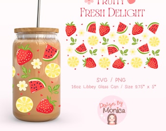 Fruity 16oz Libbey Glass Can Wrap, Strawberry Watermelon Lemon SVG PNG