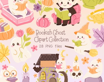 Conjunto de imágenes prediseñadas de fantasmas de libros: PNG de lectura espeluznante de Halloween