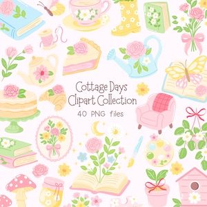 Può includere: Una collezione di illustrazioni di clipart a tema cottage. L'immagine presenta vari elementi come libri, tazze da tè, fiori, un annaffiatoio, una fetta di torta e una poltrona rosa. È incluso anche il testo "Cottage Days Clipart Collection".