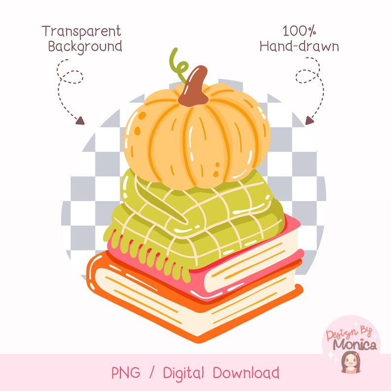 May include: A stack of books topped with a green plaid blanket and a pumpkin. The books are orange and pink, and the pumpkin is a light orange color. The image has the text "Transparent Background" and "100% Hand-drawn".
