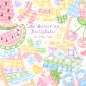 May include: A collection of colourful patchwork illustrations featuring a watermelon slice, a sun hat, a camera, a beach chair, and other summer-themed elements. The text "Sunny Patchwork Days Clipart Collection" is displayed.