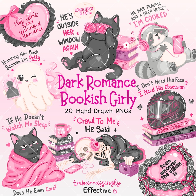 Dark Romance Bookish Sticker PNG Bundle, Funny Bookish Quotes, Enemies to Lovers, Morally Grey Book Boyfriend, Dark Academia Clipart image 1