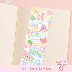 May include: A vibrant bookmark with summer illustrations, including a beach chair, watermelon slices, an ice lolly, a camera, and hearts. The bookmark is placed in an open book. Text on the bookmark reads "PNG / Digital Download".