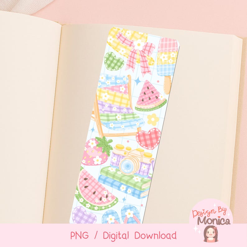 May include: A vibrant bookmark with summer illustrations, including a beach chair, watermelon slices, an ice lolly, a camera, and hearts. The bookmark is placed in an open book. Text on the bookmark reads "PNG / Digital Download".