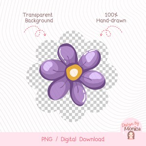 May include: A hand-drawn, purple flower with a yellow center, set against a transparent background. The image includes the text "Transparent Background" and "100% Hand-drawn". The bottom of the image reads "PNG / Digital Download".