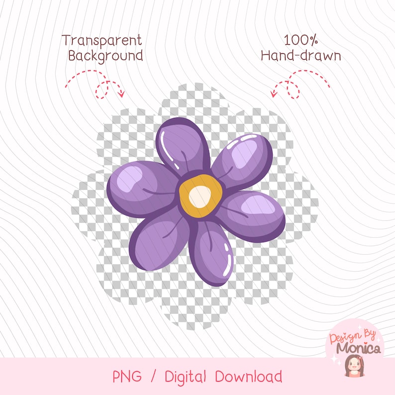 May include: A hand-drawn, purple flower with a yellow center, set against a transparent background. The image includes the text "Transparent Background" and "100% Hand-drawn". The bottom of the image reads "PNG / Digital Download".