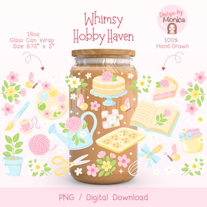 Puede incluir: Un envoltorio de lata de vidrio con tapa de madera, con un diseño caprichoso con flores, mariposas e ilustraciones temáticas de pasatiempos. El envoltorio mide 24.77 cm x 12.7 cm e incluye el texto "Whimsy Hobby Haven". El diseño es 100% dibujado a mano.