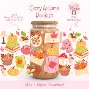 Könnte beinhalten: Eine 16oz Glas-Can-Wrap mit einem gemütlichen Herbstthema. Das Design umfasst Kürbisse, Bücher, Blätter und einen schlafenden Fuchs. Der Text lautet "Cozy Autumn Bookish" und "100% Hand-Drawn". Die Wrap misst 24.77 cm x 12.7 cm.