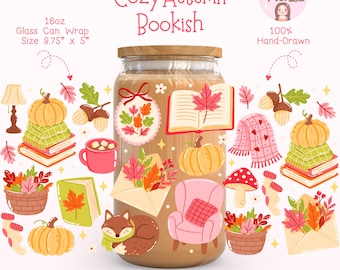 May include: A 16oz glass can wrap with a cozy autumn theme. The design includes pumpkins, books, leaves, and a sleeping fox. The text reads "Cozy Autumn Bookish" and "100% Hand-Drawn". The wrap measures 9.75" x 5".