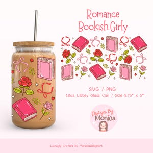 May include: A 16 ounce glass tumbler with a pink and white design featuring books, roses, and ribbons. The tumbler is 9.75 inches tall and 5 inches wide. The design is titled "Romance Bookish Girly".