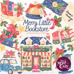 Peut inclure: Une collection d'illustrations numériques sur le thème de Noël comprenant une librairie, une voiture bleue avec des livres, des piles de livres emballés, une cloche avec une étiquette Ring for More Books et une note Season's Readings.